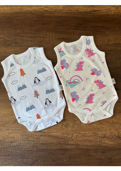 2 Adet Kolsuz Bebek Badi Body Zıbın Alttan Çıtçıtlı Bisiklet Yaka Yenidoğan Penguen ve Dinazor Desen