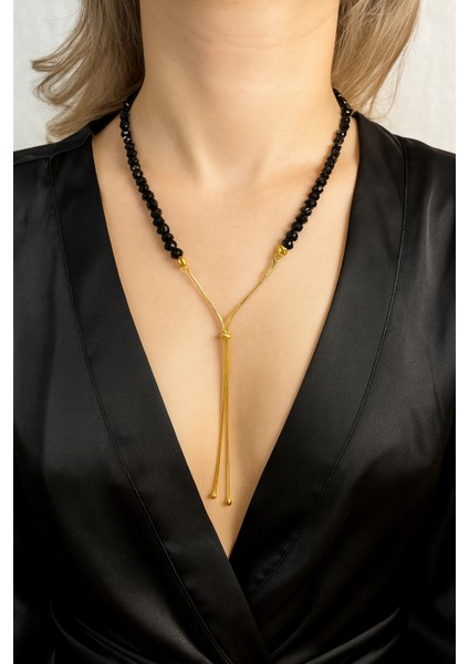 Siyah Kristal Taşlı Altın Kaplama Zincir Kolye