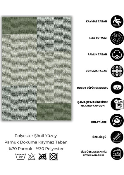 Goemetrik Dikdörtgen Desenli Halı Balıksırtı Kırçıllı Halı Yeşil Halı Genç Odası Halısı Oturma Odası Halısı