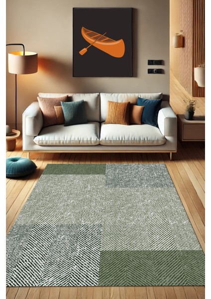 Goemetrik Dikdörtgen Desenli Halı Balıksırtı Kırçıllı Halı Yeşil Halı Genç Odası Halısı Oturma Odası Halısı