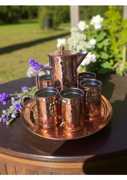 - El Yapımı El Dövmesi Kapaklı Bakır Sürahi Takımı – 2 Litre Kapasiteli Sürahi + 6 Adet 400 cc Bardak + 35 cm Tepsi – Sağlıklı Kalaylı Bakır Su, Şerbet, Ayran ve Içecek Sunum Seti indirimleri