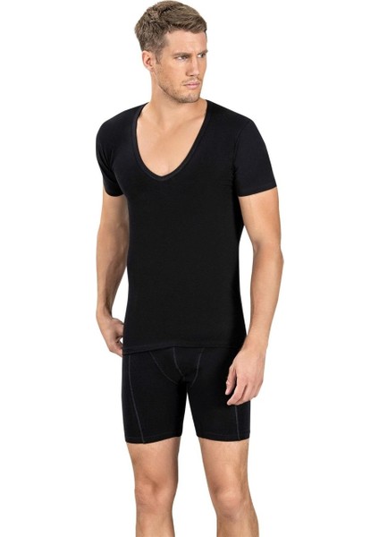 Erkek 3'lü Siyah Likralı Derin V Yaka Yarım Kol Atlet