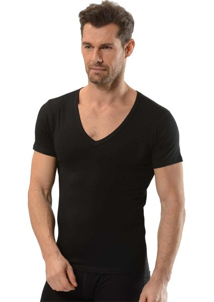 Erkek 4'lü Siyah Likralı Derin V Yaka Yarım Kol Atlet fiyatları