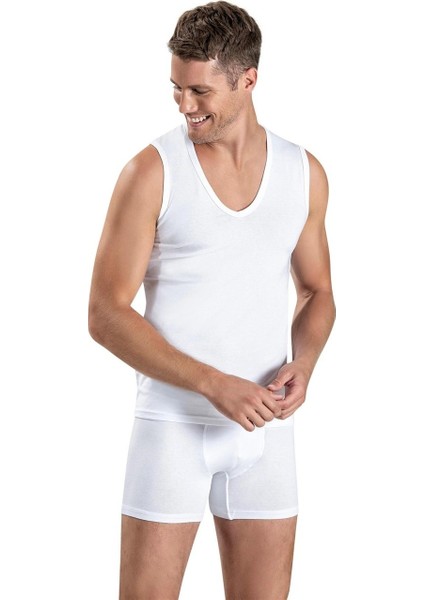 Erkek 5'li Beyaz Likralı Derin V Yaka Kolsuz Atlet