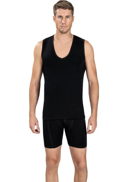 Erkek 4'lü Siyah Likralı Derin V Yaka Kolsuz Atlet modelleri