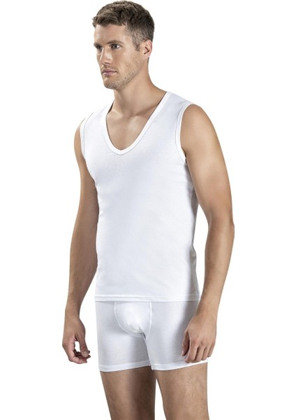 Erkek 5'li Beyaz Likralı Derin V Yaka Kolsuz Atlet modelleri