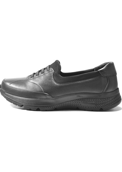 144-045 Hakiki Deri Siyah Ortopedik Streç-Lastikli Kadın Anne Ayakkabı