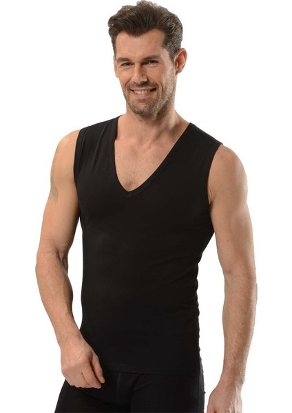 Erkek 2'li Siyah Likralı Derin V Yaka Kolsuz Atlet