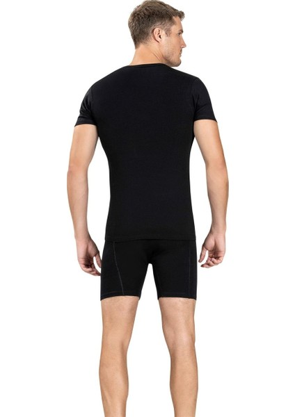 Erkek 2'li Siyah Likralı Derin V Yaka Yarım Kol Atlet modelleri