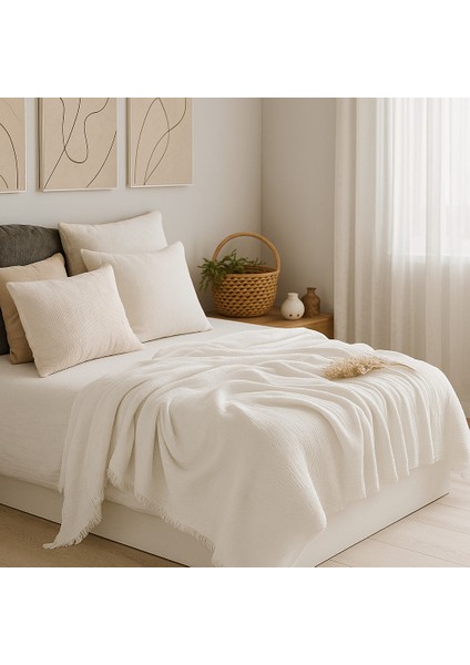 Müslin %100 Pamuk Çift Kişilik 4 Katlı Beyaz Renk Yatak Örtüsü 240X230 Cm.