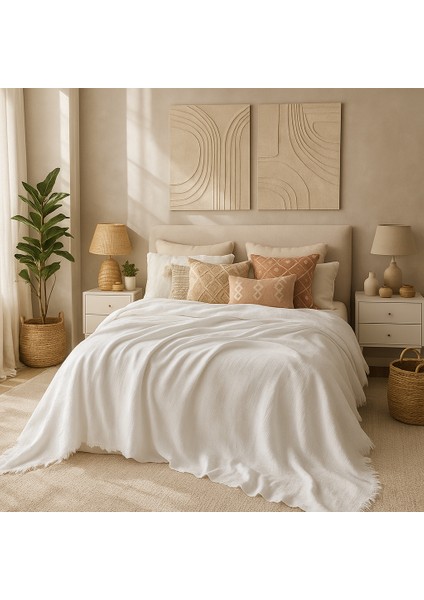 Müslin %100 Pamuk Çift Kişilik 4 Katlı Beyaz Renk Yatak Örtüsü 240X230 Cm.