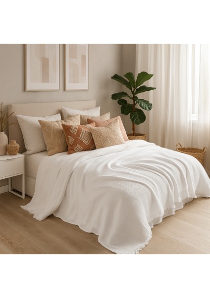 Müslin %100 Pamuk Çift Kişilik 4 Katlı Beyaz Renk Yatak Örtüsü 240X230 Cm.