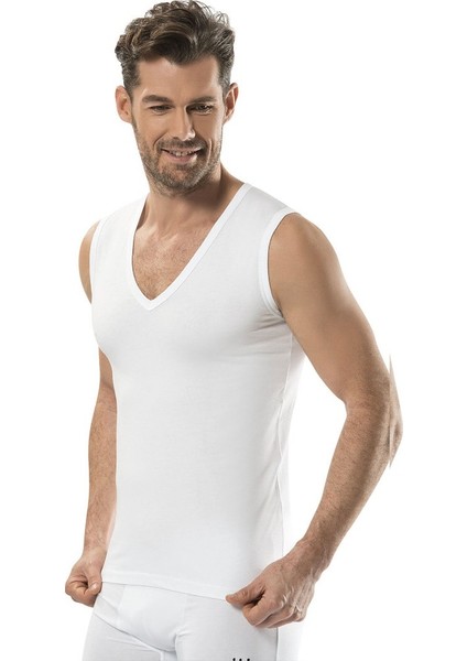 Erkek Tekli Beyaz Likralı Derin V Yaka Kolsuz Atlet fiyatları