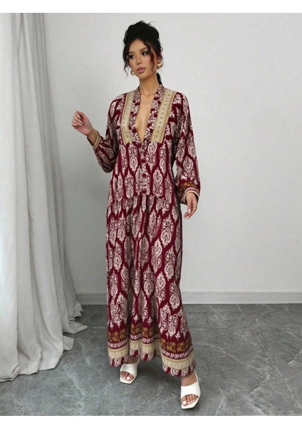 Kadın Vintage Etnik Desenli Uzun Elbise – Rahat ve Şık Günlük Kullanıma Uygun