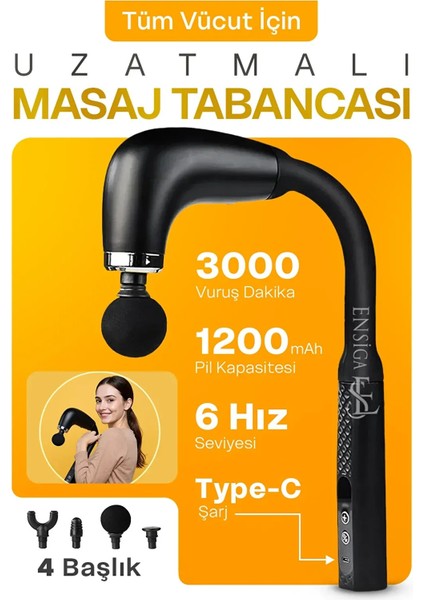 U Şeklinde Derin Doku, Boyun ve Omuz Sırt Bel Uzatılmış Sap Masaj Tabancası Masaj 4 Başlık ve 5 Mod