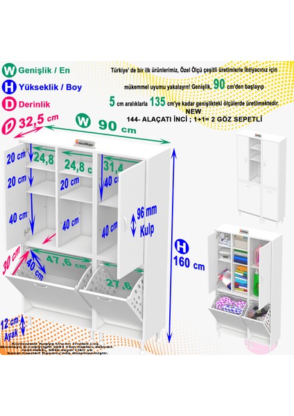 Alaçatı Inci 90 x 160 x 32 Banyo Dolabı Çok Amaçlı Dolap Kirli Çamaşır Sepetli Dolap