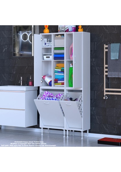 Alaçatı Inci 90 x 160 x 32 Banyo Dolabı Çok Amaçlı Dolap Kirli Çamaşır Sepetli Dolap