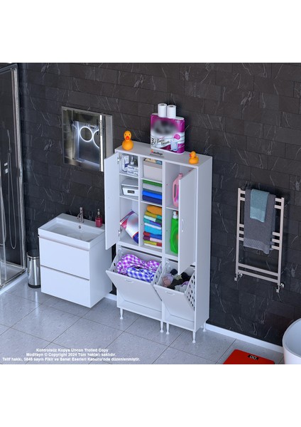 Alaçatı Inci 90 x 160 x 32 Banyo Dolabı Çok Amaçlı Dolap Kirli Çamaşır Sepetli Dolap