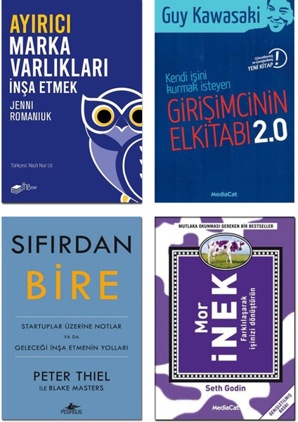 - Sıfırdan Bire / Peter Thiel + Ayırıcı Marka Varlıkları İnşa Etmek + Girişimcinin Elkitabı 2.0 / Guy Kawasaki + Mor İnek / Seth Godin - 4’lü İş Ekonomi Startup Kitap Seti