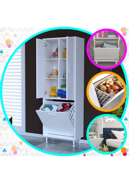 ARD-133 Inci 2 Kapaklı Kirli Çamaşır Sepetli Banyo Dolabı Muftak Dolabı Çok Amaçlı Dolap