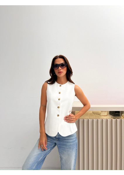Kadın Beyaz Önü Düğmeli Bisiklet Yaka Yelek indirimleri