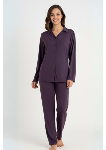 Kadın Mor Düğmeli Uzun Kollu Pijama Takımı – Rahat ve Şık Ev Giyim