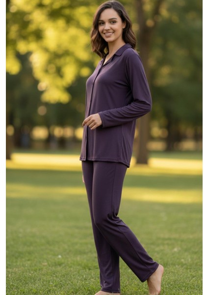Kadın Mor Düğmeli Uzun Kollu Pijama Takımı – Rahat ve Şık Ev Giyim fiyatları