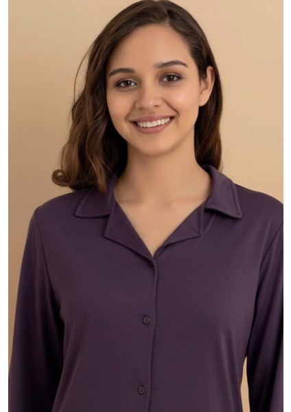 Kadın Mor Düğmeli Uzun Kollu Pijama Takımı – Rahat ve Şık Ev Giyim modelleri