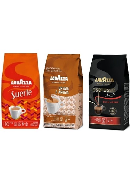 Suerte + Crema E Aramo + Espresso Barista Gran Crema Çekirdek Kahve (1000GR) 3'lü Paket