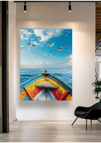 Mavi Deniz ve Renkli Kayık Kanvas Tablo – Doğa Manzara Ev Ofis Dekorasyonu