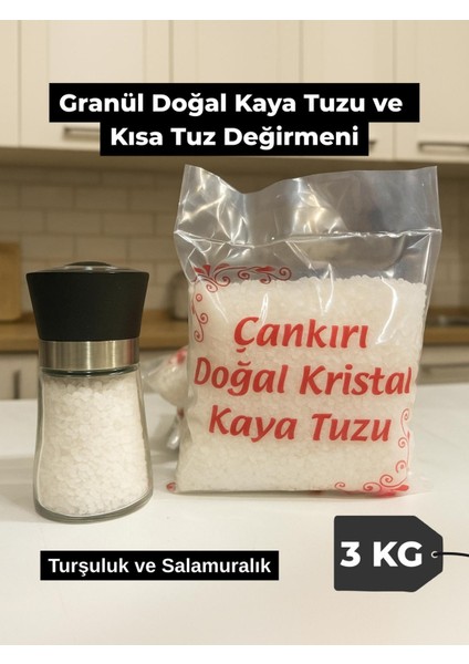 Doğal Çankırı Granül Kaya Tuzu 3 kg ve Kısa Tuz Değirmeni