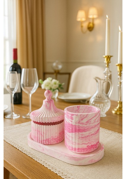 Pembe Mermer Desenli Dekoratif Set – Şekerlik, Kapaklı Kutu & Beton Tepsi fiyatları