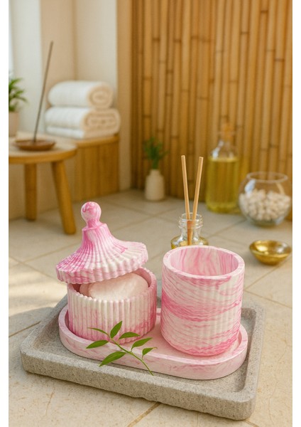 Pembe Mermer Desenli Dekoratif Set – Şekerlik, Kapaklı Kutu & Beton Tepsi fırsatları