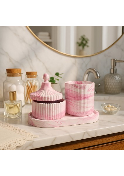Pembe Mermer Desenli Dekoratif Set – Şekerlik, Kapaklı Kutu & Beton Tepsi