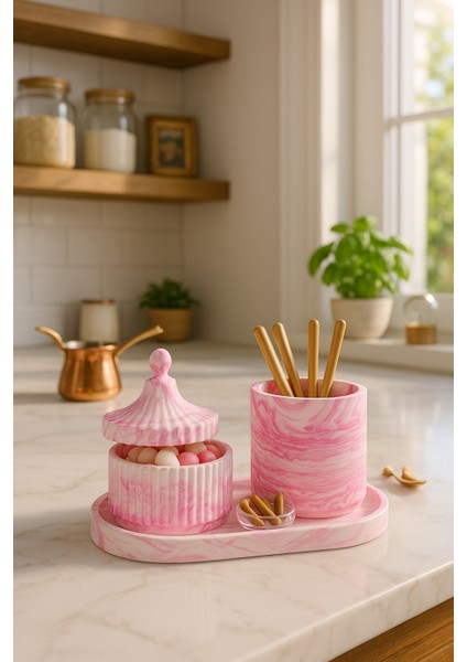 Pembe Mermer Desenli Dekoratif Set – Şekerlik, Kapaklı Kutu & Beton Tepsi