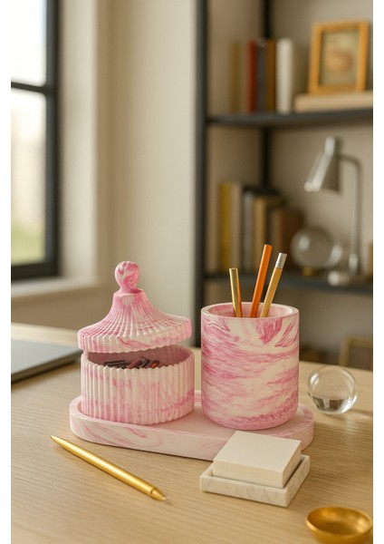 Pembe Mermer Desenli Dekoratif Set – Şekerlik, Kapaklı Kutu & Beton Tepsi