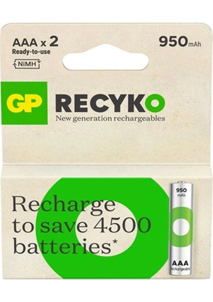 Recyko Şarjlı Pil Aaa Ince Kalem 950 Mah 4500 Series Ni-Mh 2li Paket