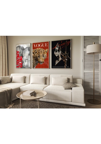 Çerçevesiz Vogue Poster 3'lü Trend Kırmızı ve Siyah Tablo, Moda Leopar Dekor Poster