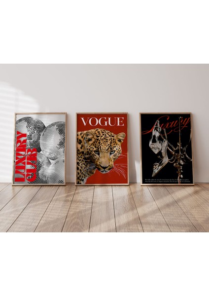 Çerçevesiz Vogue Poster 3'lü Trend Kırmızı ve Siyah Tablo, Moda Leopar Dekor Poster fiyatları