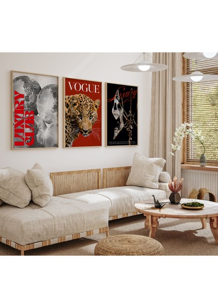 Çerçevesiz Vogue Poster 3'lü Trend Kırmızı ve Siyah Tablo, Moda Leopar Dekor Poster modelleri