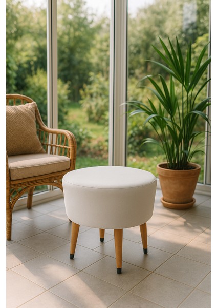 Puf Koltuk Bench Tabure – Beyaz - Ahşap Ayaklı