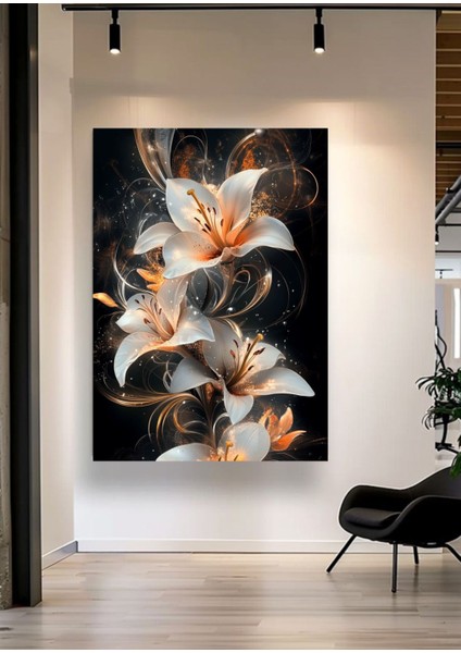 Beyaz Zambak Çiçek Desenli Siyah Fon Modern Kanvas Tablo