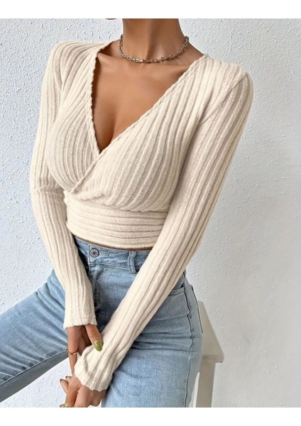 Kadın V Yaka Çapraz Ön Uzun Kollu Fitilli Crop Bluz modelleri