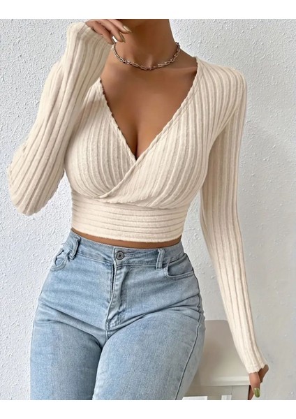 Kadın V Yaka Çapraz Ön Uzun Kollu Fitilli Crop Bluz fırsatları