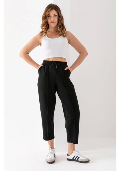 Kadın Siyah Beli Lastikli Modal Kumaş Çımalı Bilek Pantolon Yumuşak Dokulu Şık Bağcıklı Pantolon