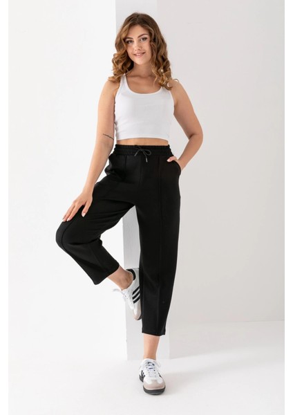 Kadın Siyah Beli Lastikli Modal Kumaş Çımalı Bilek Pantolon Yumuşak Dokulu Şık Bağcıklı Pantolon fiyatları