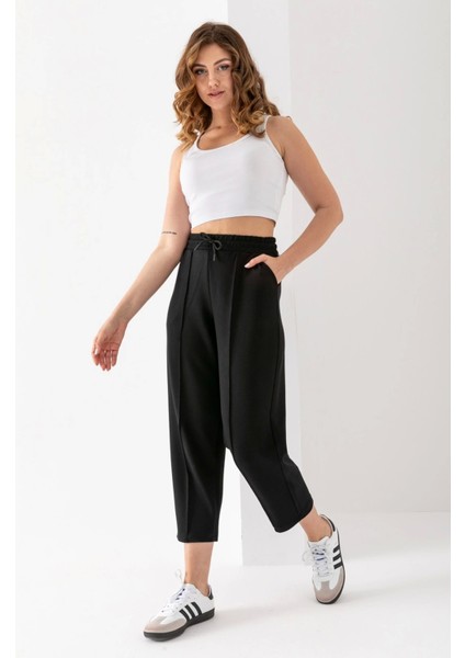 Kadın Siyah Beli Lastikli Modal Kumaş Çımalı Bilek Pantolon Yumuşak Dokulu Şık Bağcıklı Pantolon fırsatları