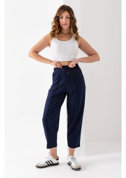 Kadın Lacivert Beli Lastikli Modal Kumaş Çımalı Bilek Pantolon Yumuşak Dokulu Şık Bağcıklı Pantolon