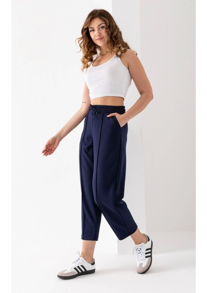 Kadın Lacivert Beli Lastikli Modal Kumaş Çımalı Bilek Pantolon Yumuşak Dokulu Şık Bağcıklı Pantolon fiyatları
