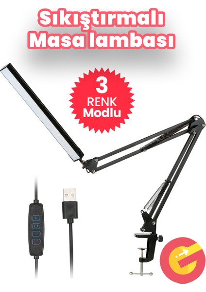 Sıkıştırmalı Metal 3 Renk Modlu Katlanabilir LED Işık Klipsli Masa Lambası 10 Parlaklık Seviyesi